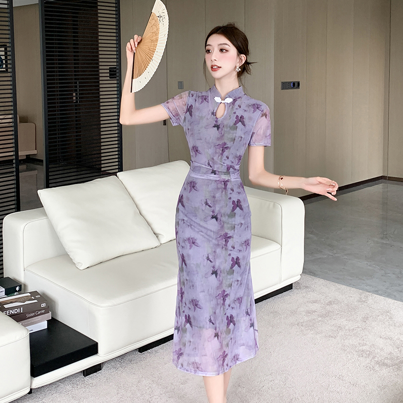 Retro pinched waist cheongsam gauze Chinese style dress