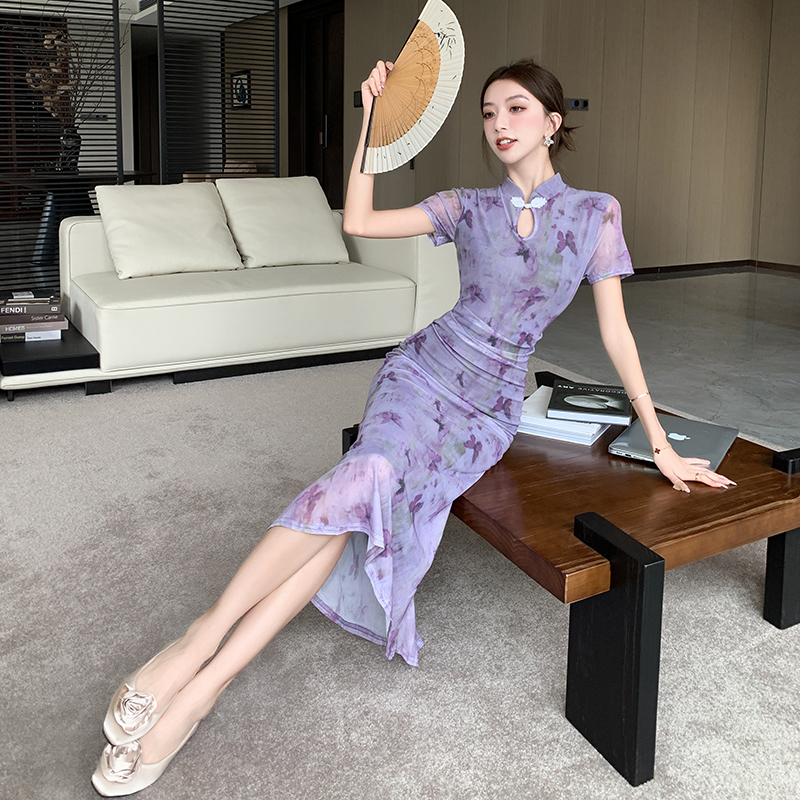 Retro pinched waist cheongsam gauze Chinese style dress