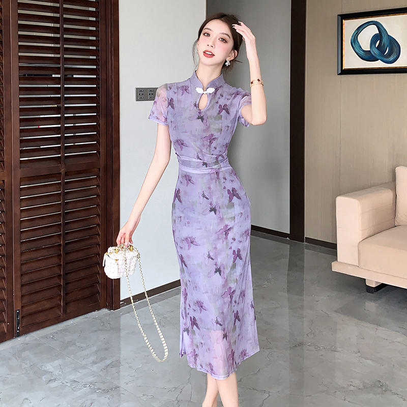 Retro pinched waist cheongsam gauze Chinese style dress