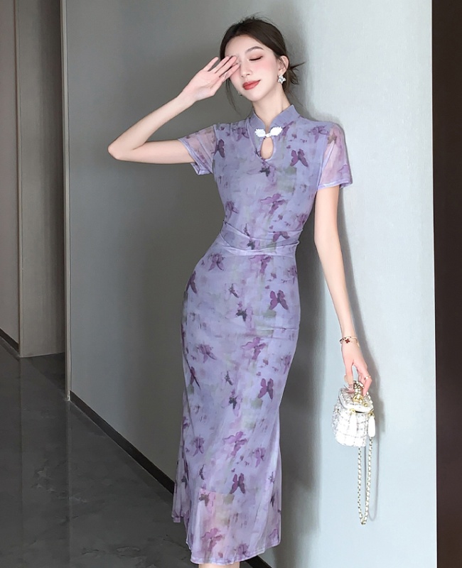 Retro pinched waist cheongsam gauze Chinese style dress