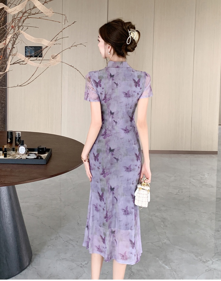 Retro pinched waist cheongsam gauze Chinese style dress