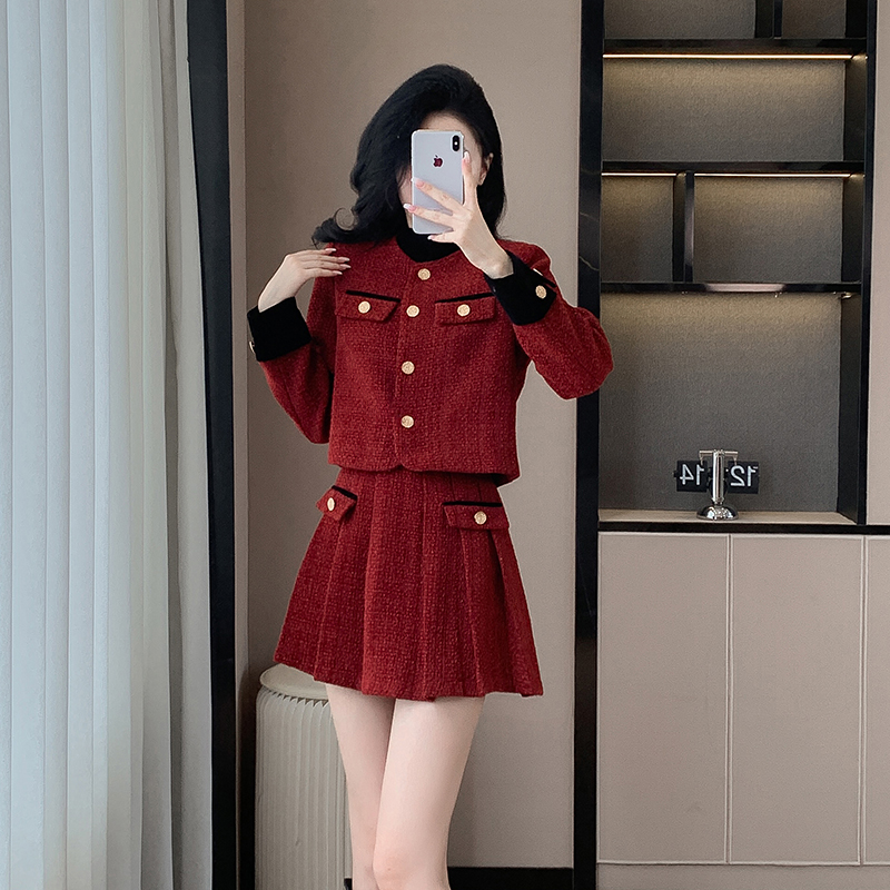 Winter chanelstyle short skirt red wool coat 2pcs set for women