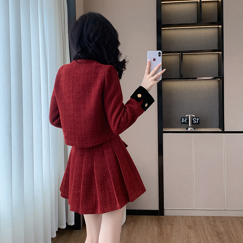 Winter chanelstyle short skirt red wool coat 2pcs set for women