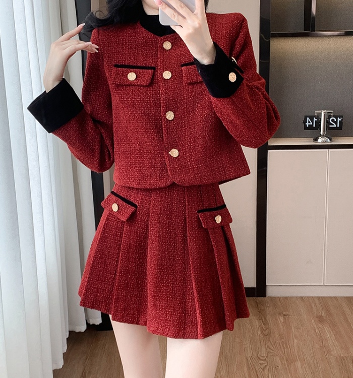 Winter chanelstyle short skirt red wool coat 2pcs set for women