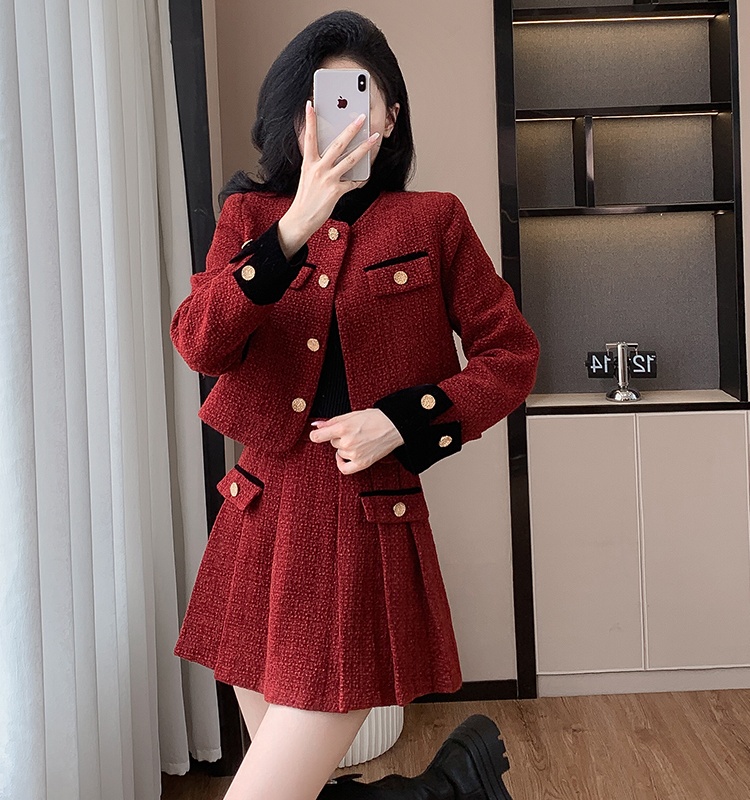 Winter chanelstyle short skirt red wool coat 2pcs set for women