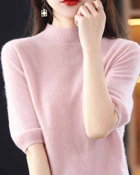 Knitted cashmere tops short sleeve bottoming shirt for women