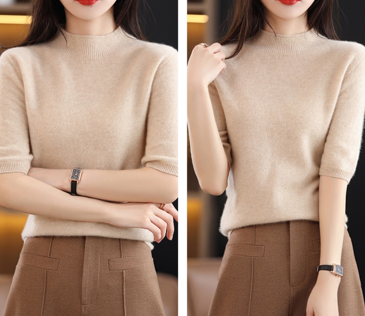 Knitted cashmere tops short sleeve bottoming shirt for women