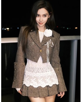 Short contrast color collar business suit woolen jacket