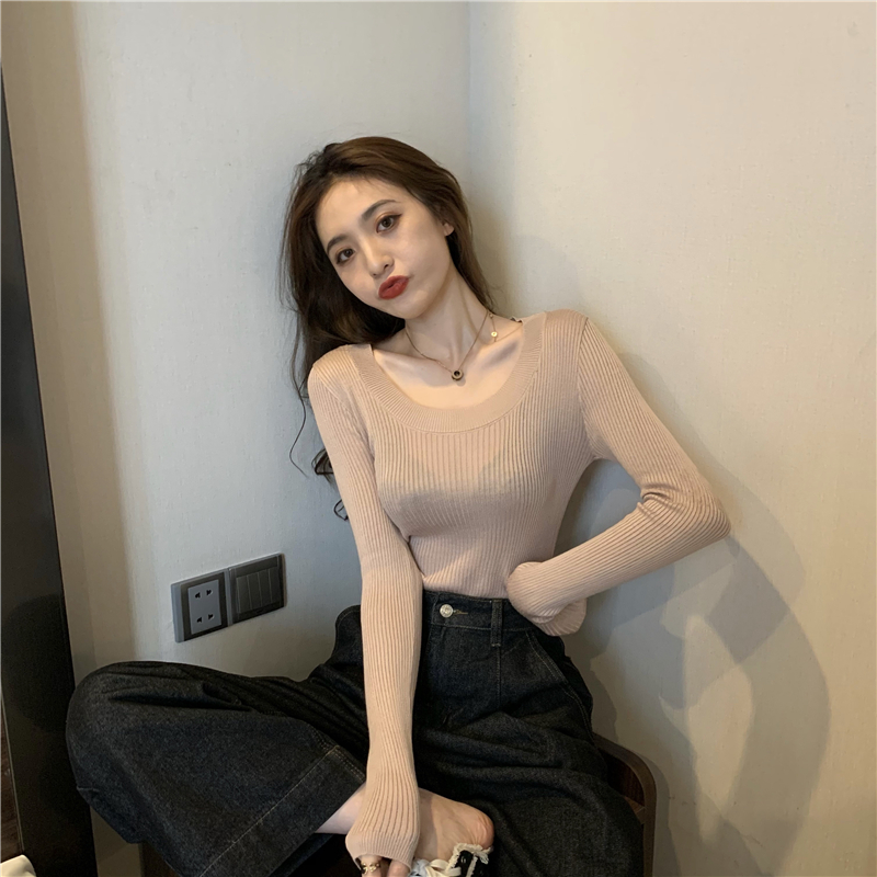 All-match long sleeve tops U-neck bottoming sweater