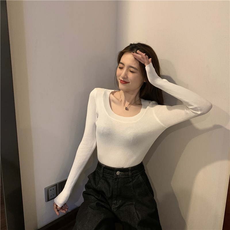 All-match long sleeve tops U-neck bottoming sweater