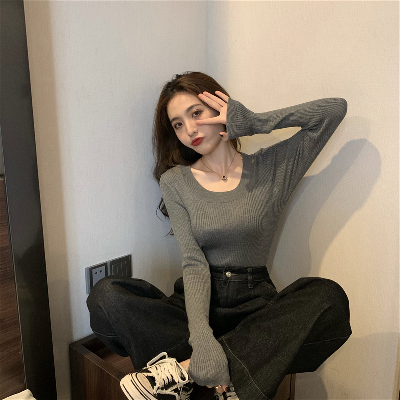 All-match long sleeve tops U-neck bottoming sweater