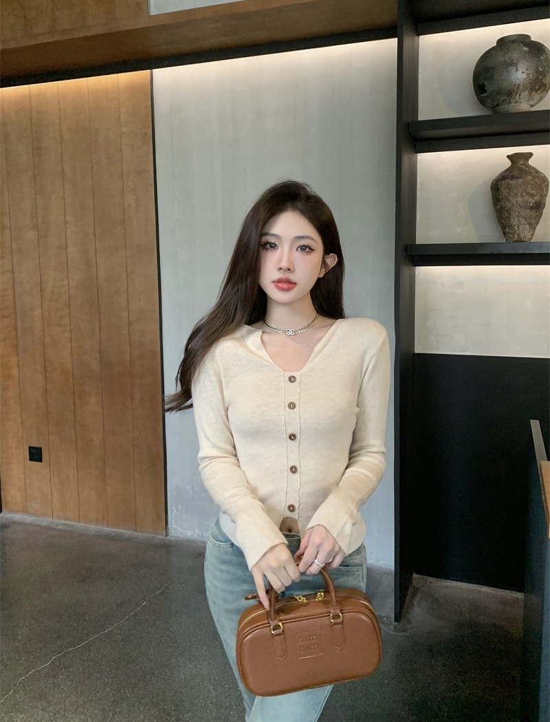 Knitted V-neck bottoming shirt all-match tops for women