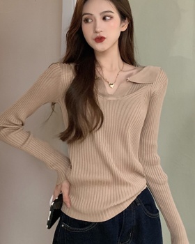 Autumn lapel slim tops pure all-match sweater