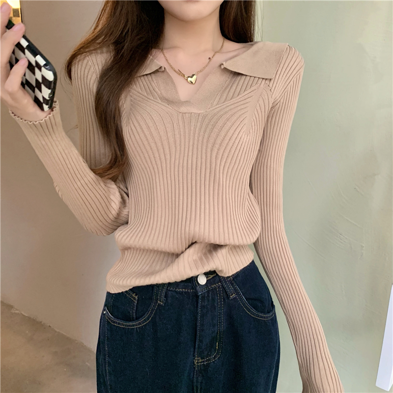 Autumn lapel slim tops pure all-match sweater