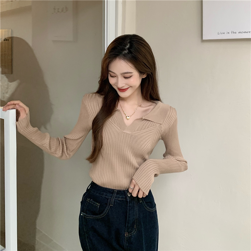 Autumn lapel slim tops pure all-match sweater