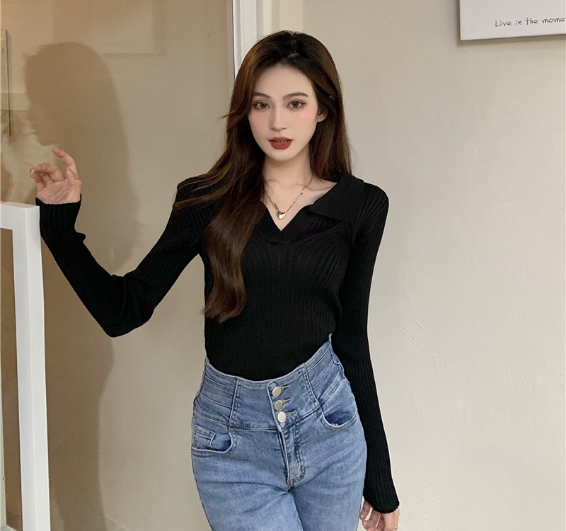 Autumn lapel slim tops pure all-match sweater