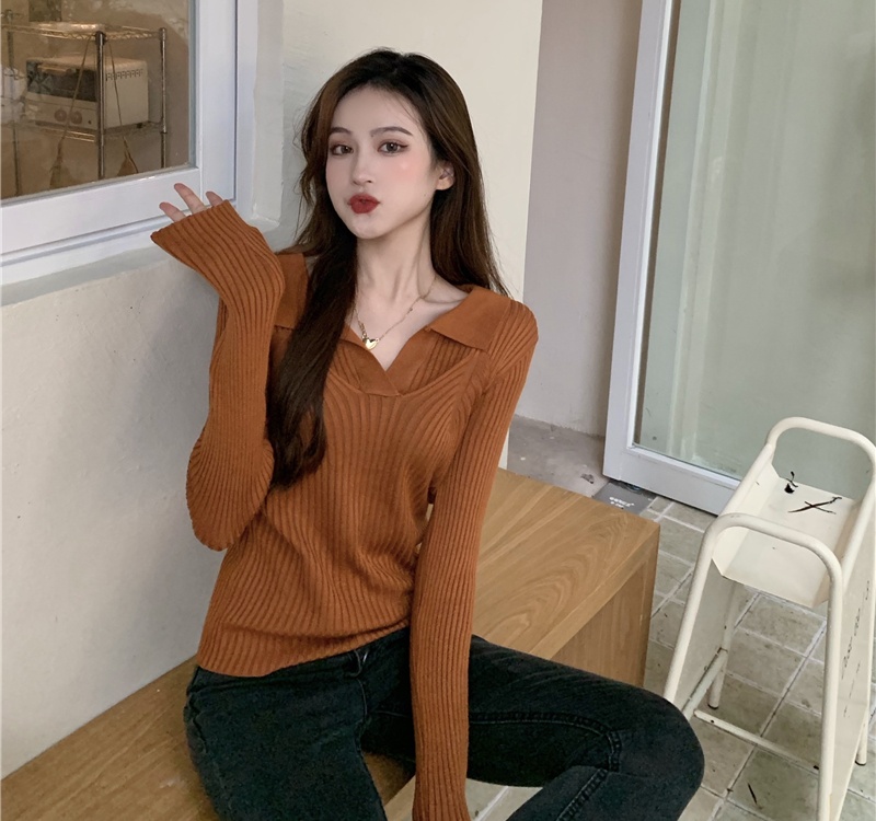 Autumn lapel slim tops pure all-match sweater