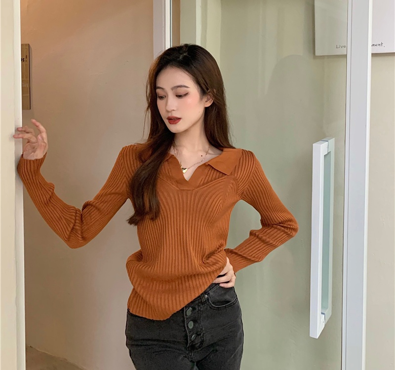 Autumn lapel slim tops pure all-match sweater