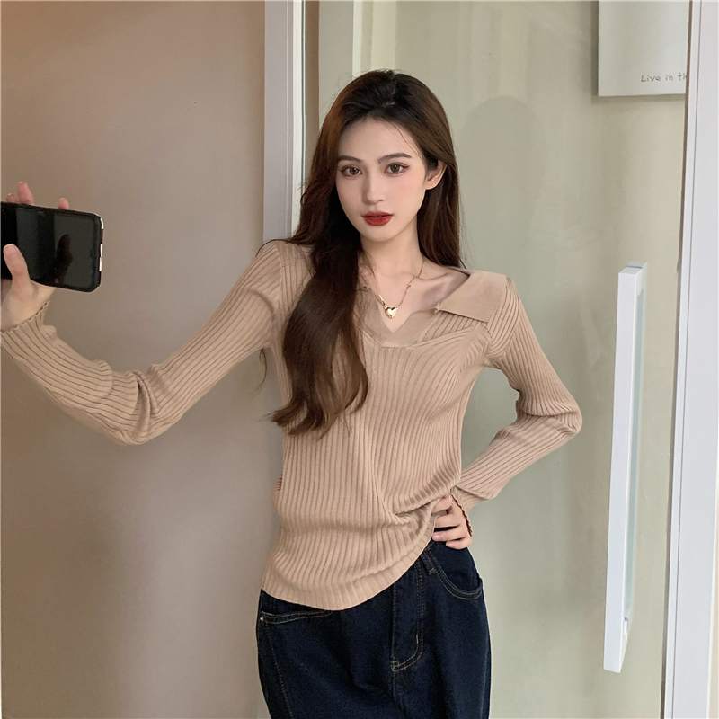 Autumn lapel slim tops pure all-match sweater