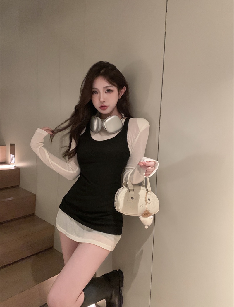 Long sleeve waistcoat shoulder pads T-shirt 2pcs set