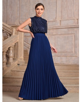 Fold sleeveless halter sequins pure slim evening dress