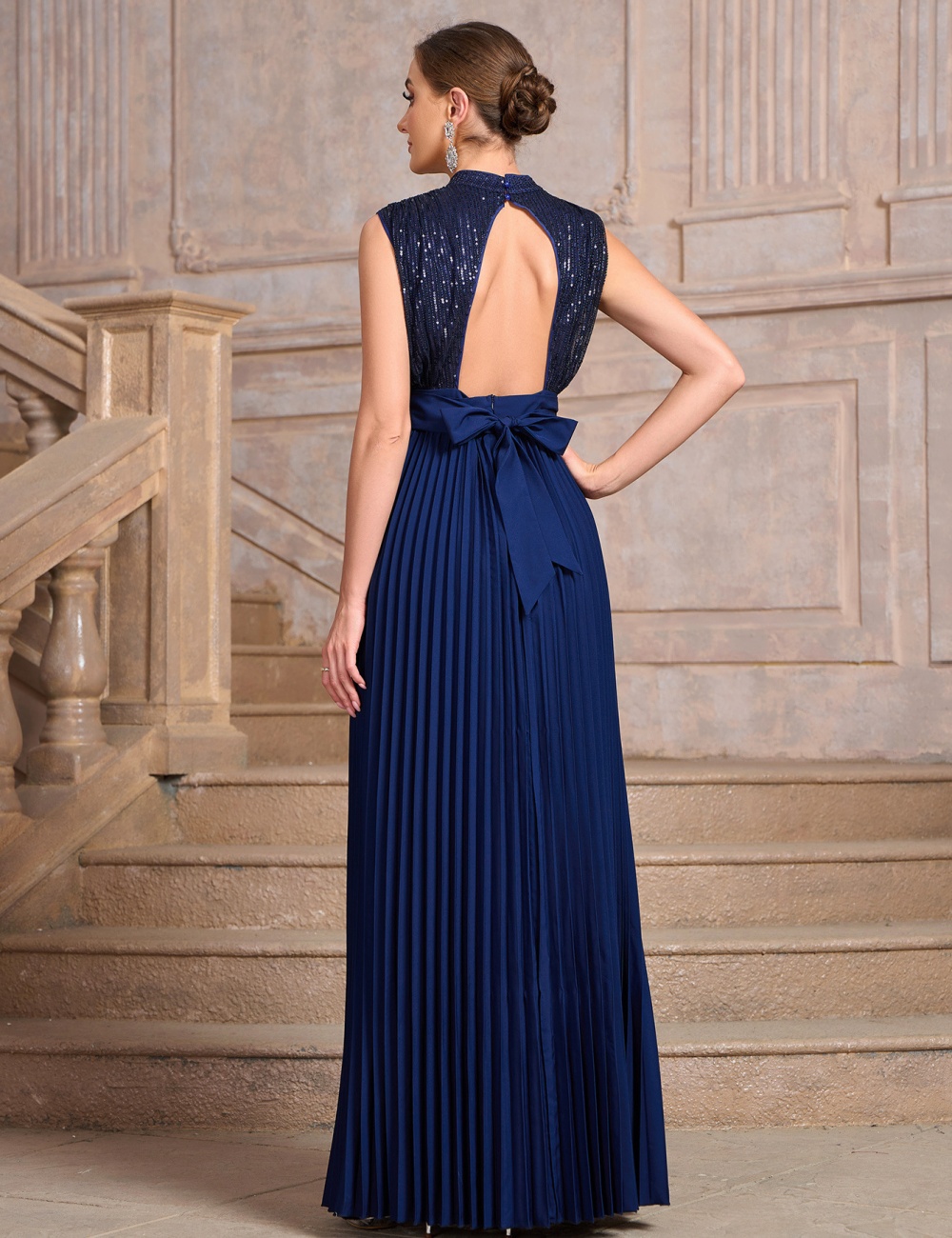 Fold sleeveless halter sequins pure slim evening dress