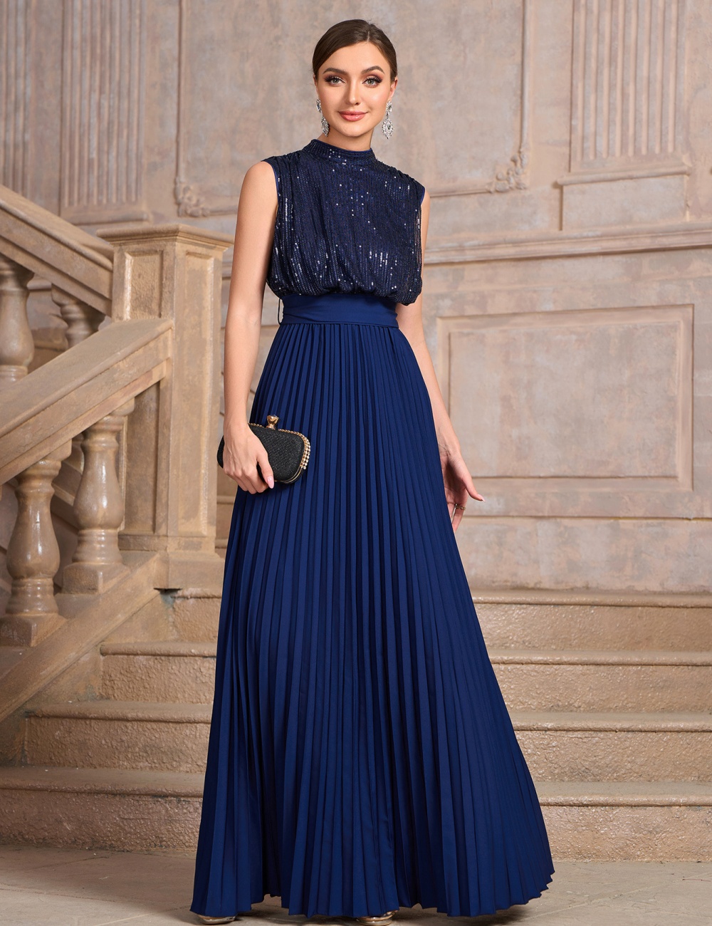 Fold sleeveless halter sequins pure slim evening dress