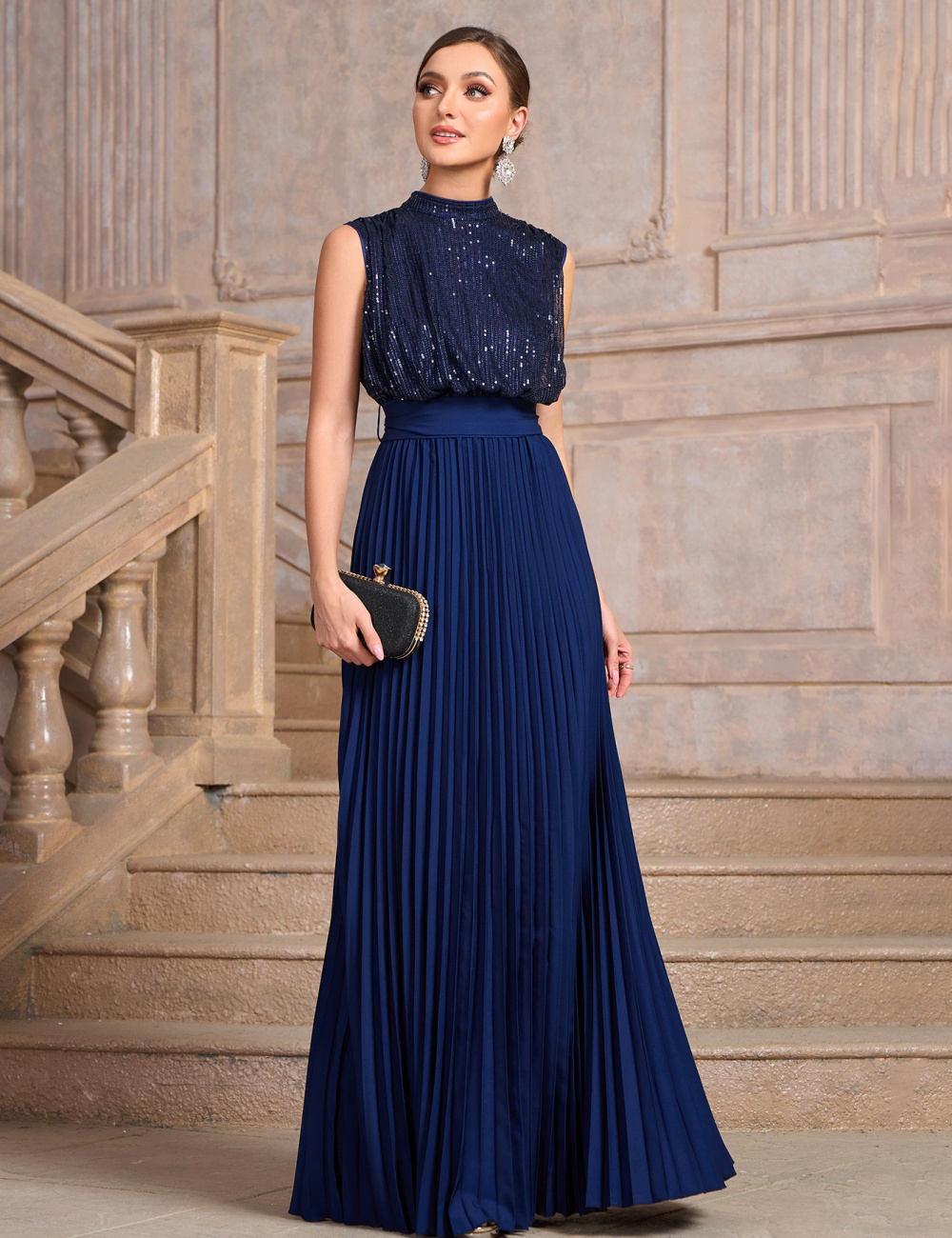 Fold sleeveless halter sequins pure slim evening dress