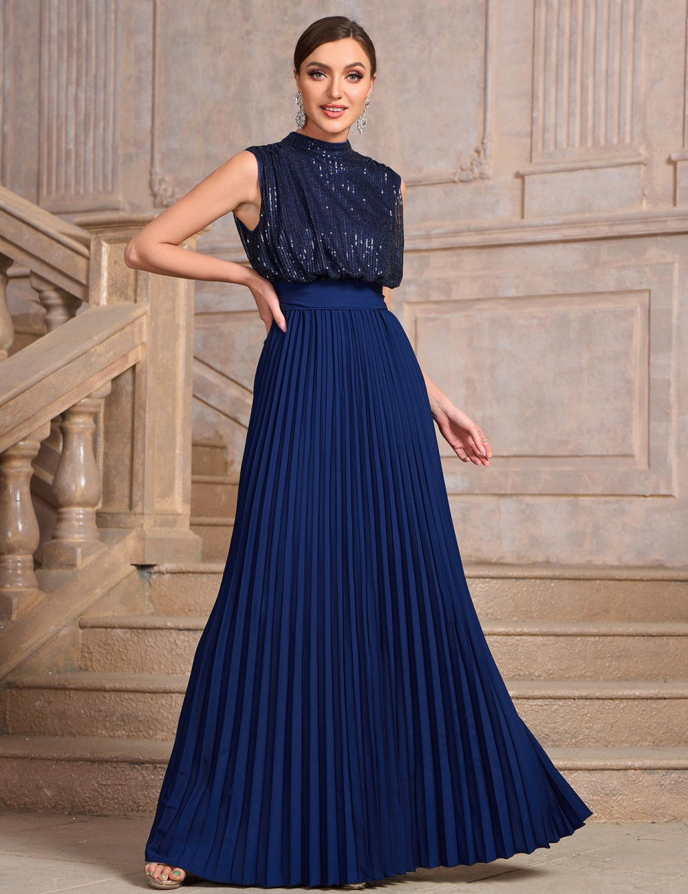 Fold sleeveless halter sequins pure slim evening dress