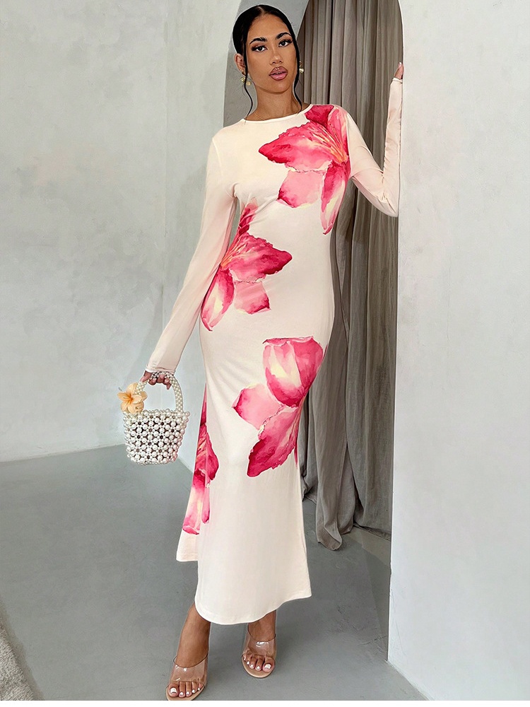 Long printing European style slim dress for women