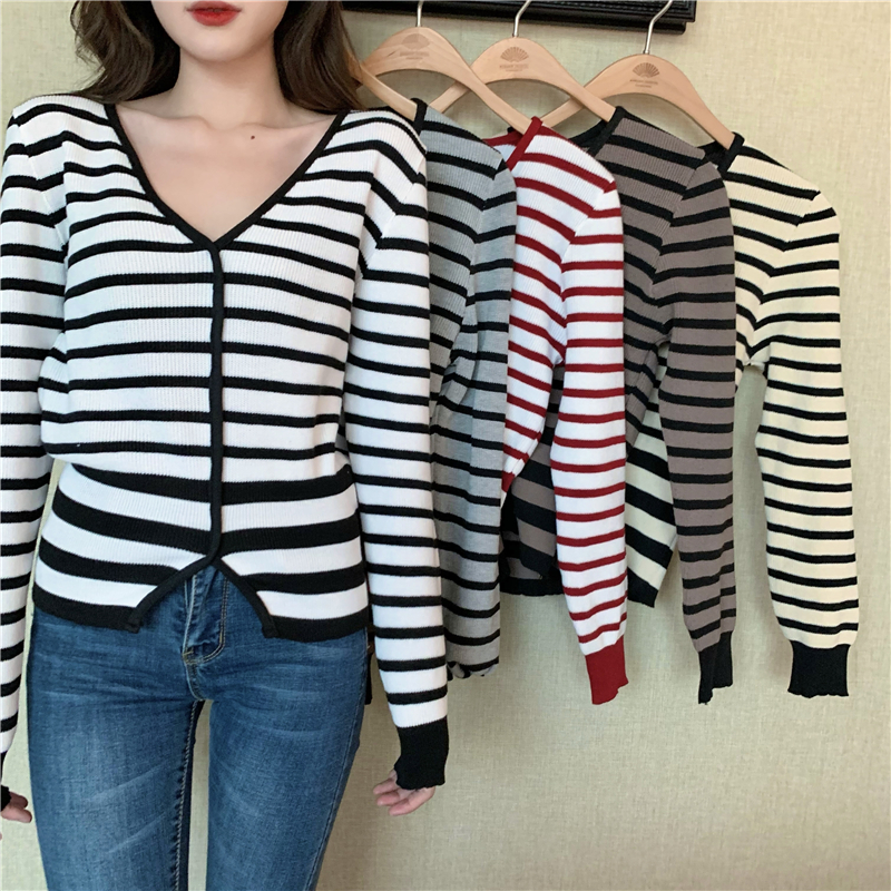 Mixed colors knitted V-neck retro stripe autumn tops