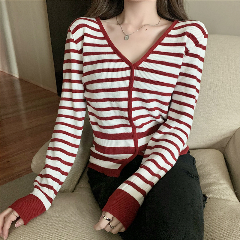 Mixed colors knitted V-neck retro stripe autumn tops