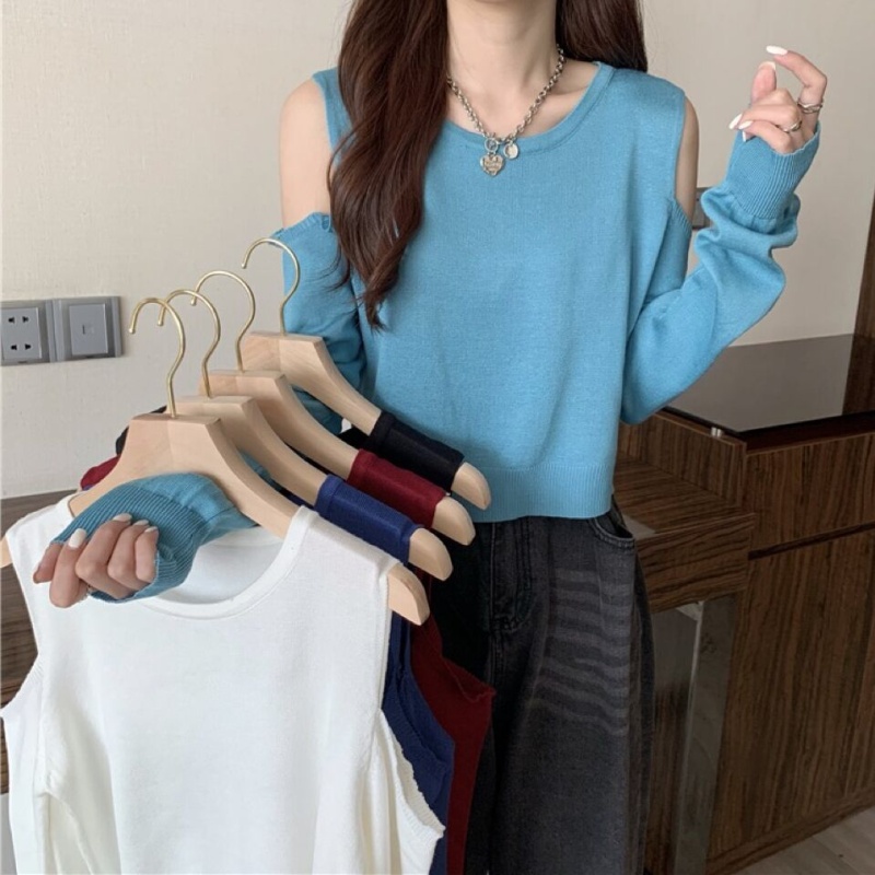 Strapless loose pure T-shirt long sleeve knitted autumn tops