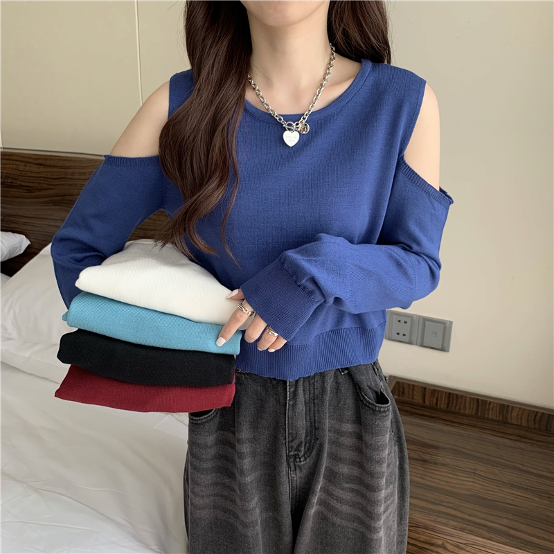 Strapless loose pure T-shirt long sleeve knitted autumn tops