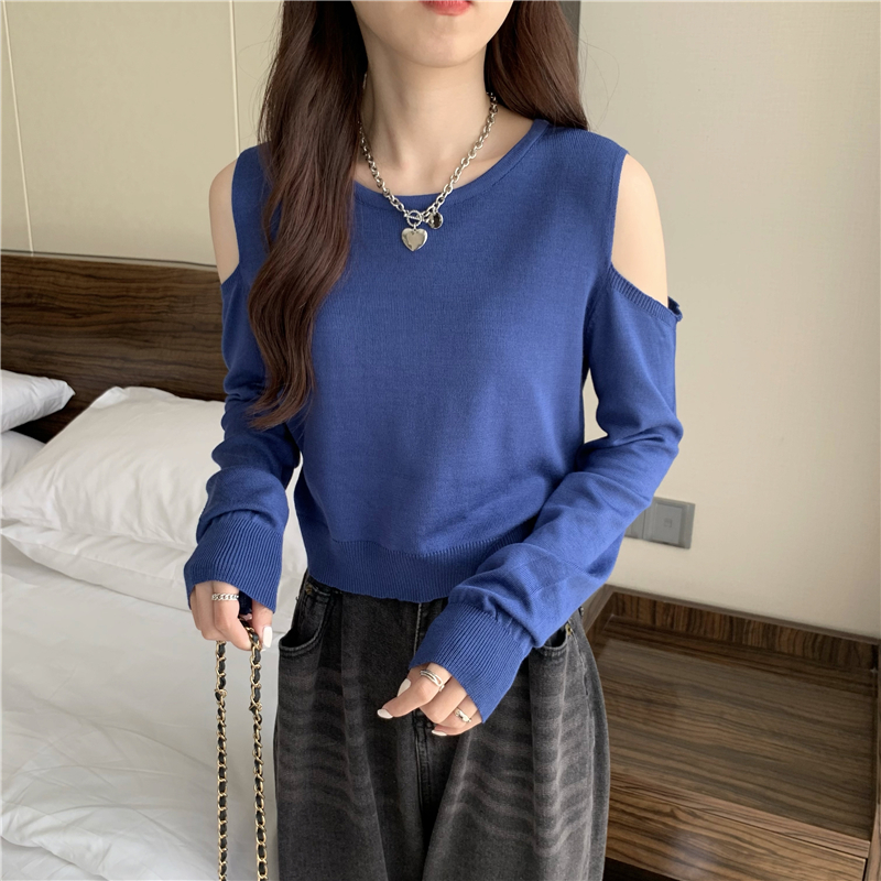 Strapless loose pure T-shirt long sleeve knitted autumn tops