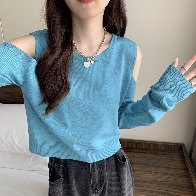 Strapless loose pure T-shirt long sleeve knitted autumn tops