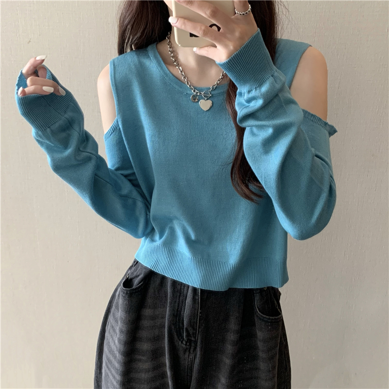 Strapless loose pure T-shirt long sleeve knitted autumn tops