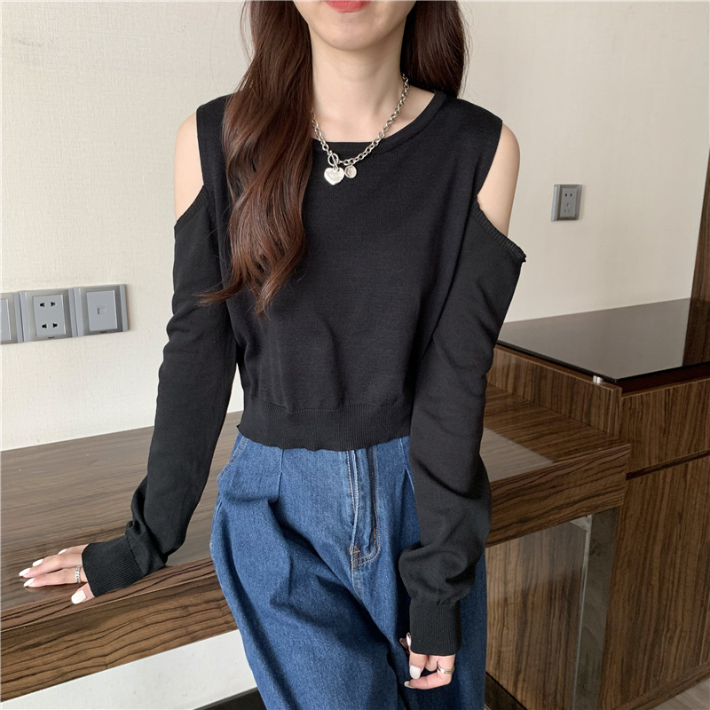 Strapless loose pure T-shirt long sleeve knitted autumn tops