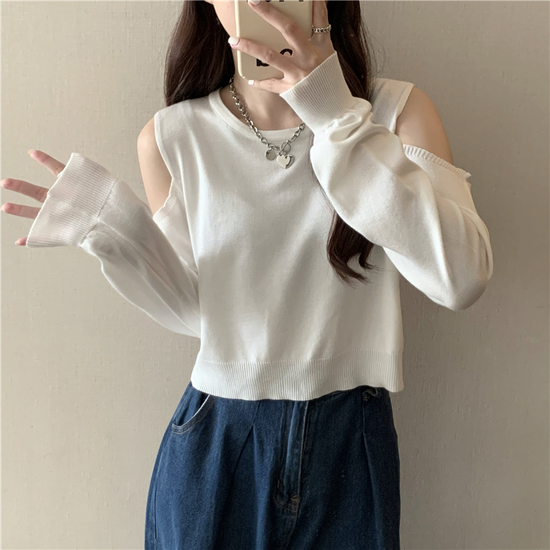 Strapless loose pure T-shirt long sleeve knitted autumn tops