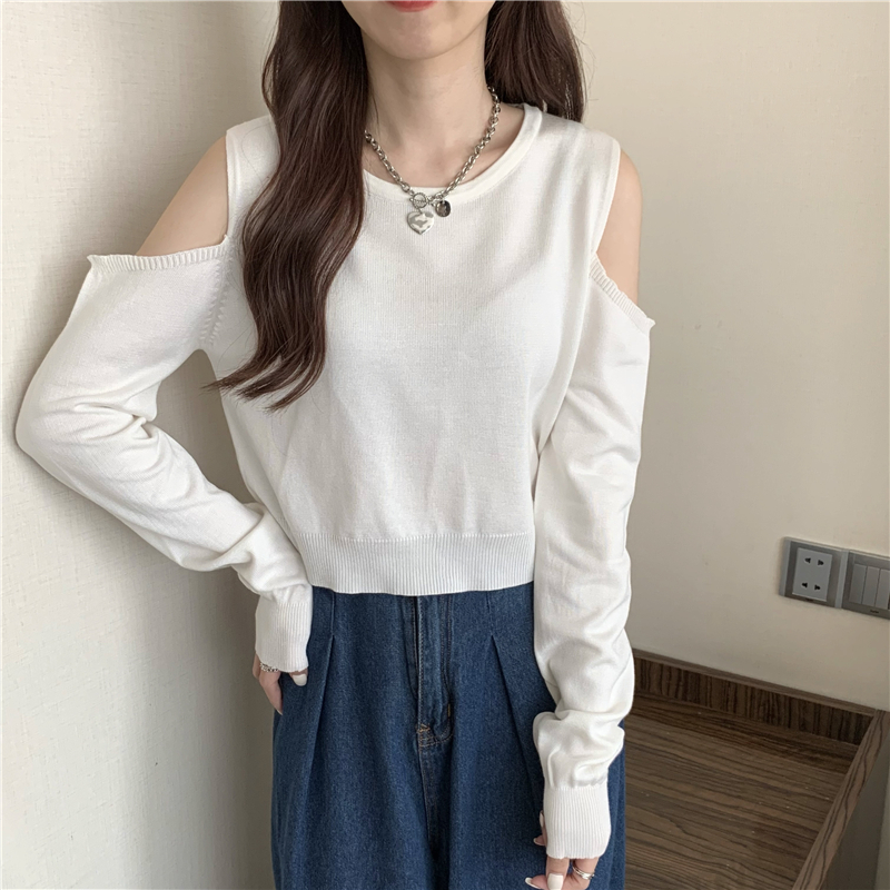 Strapless loose pure T-shirt long sleeve knitted autumn tops