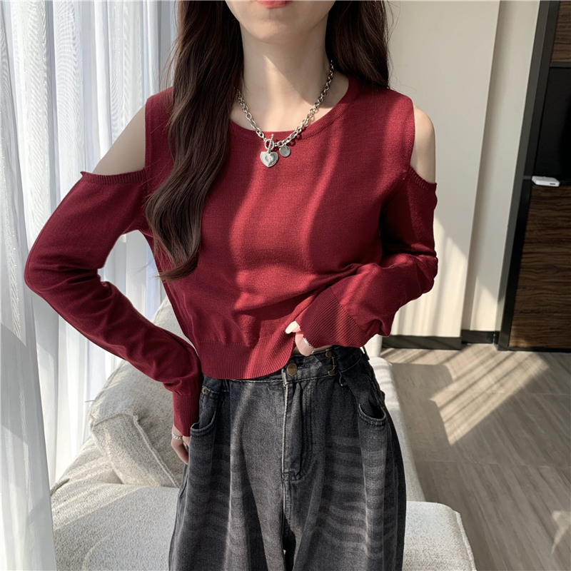 Strapless loose pure T-shirt long sleeve knitted autumn tops