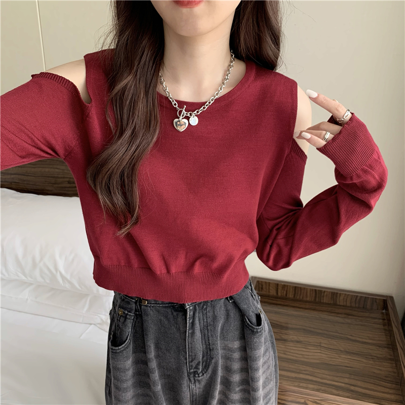 Strapless loose pure T-shirt long sleeve knitted autumn tops