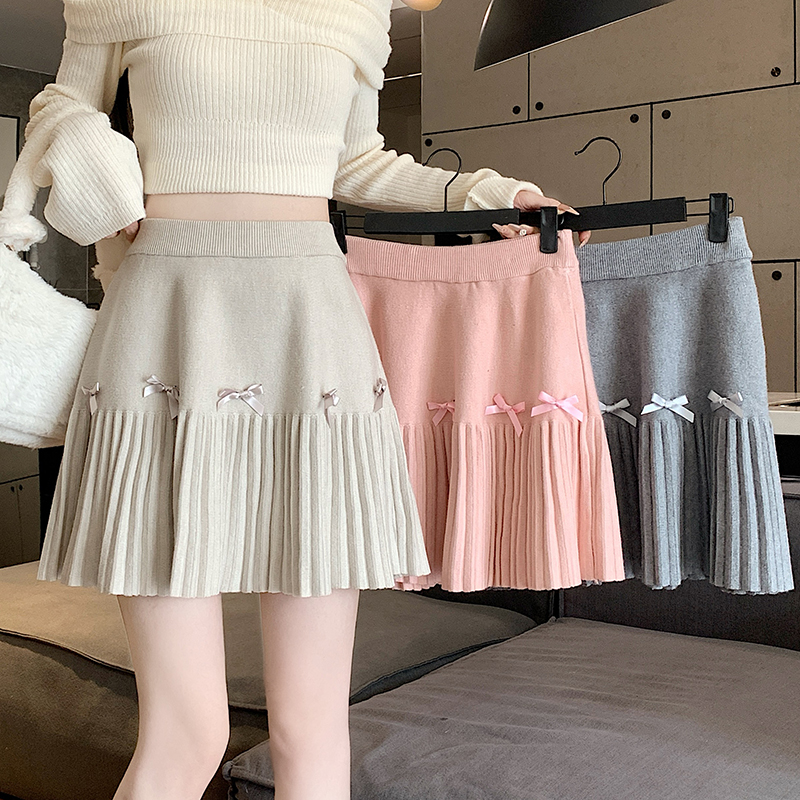 Pleated slim autumn short skirt A-line bow skirt for women