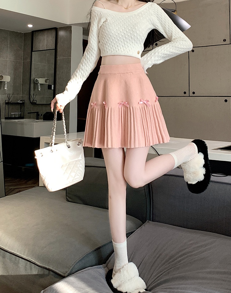 Pleated slim autumn short skirt A-line bow skirt for women