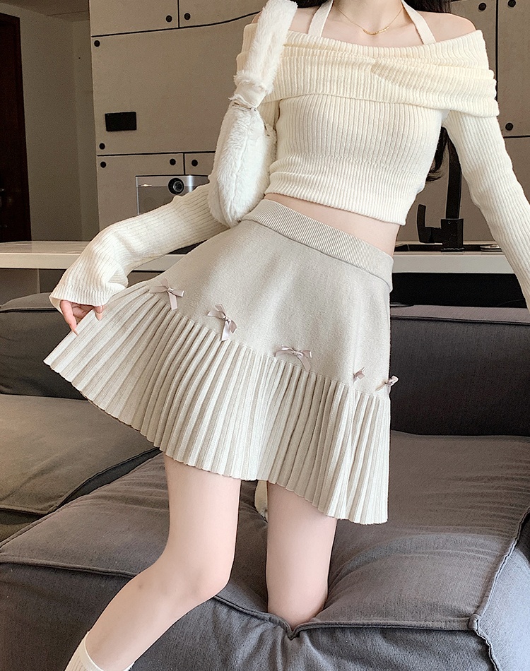 Pleated slim autumn short skirt A-line bow skirt for women