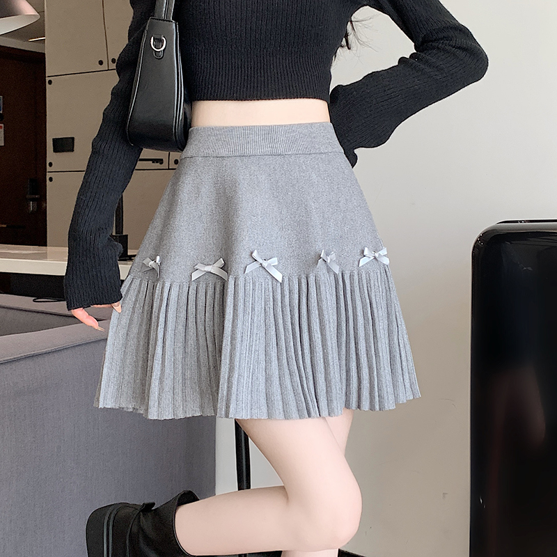 Pleated slim autumn short skirt A-line bow skirt for women