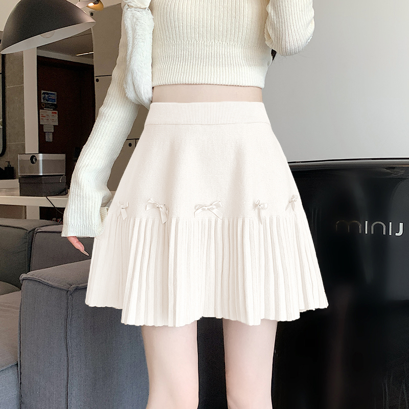 Pleated slim autumn short skirt A-line bow skirt for women