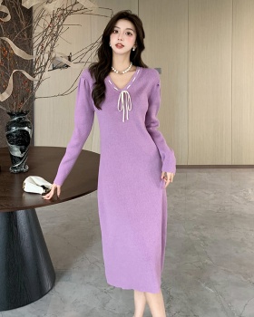 V-neck puff sleeve long dress slim dress for women