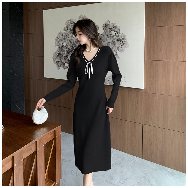 V-neck puff sleeve long dress slim dress for women