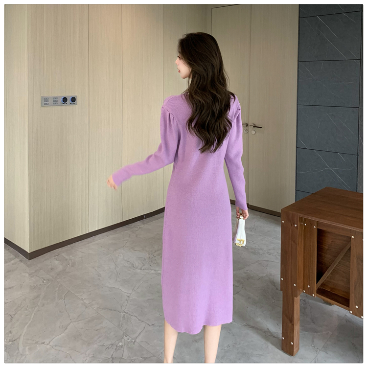 V-neck puff sleeve long dress slim dress for women